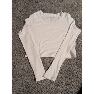 American Eagle Outfitters Womens Long Sleeve Thermal Top White Distressed Neck M